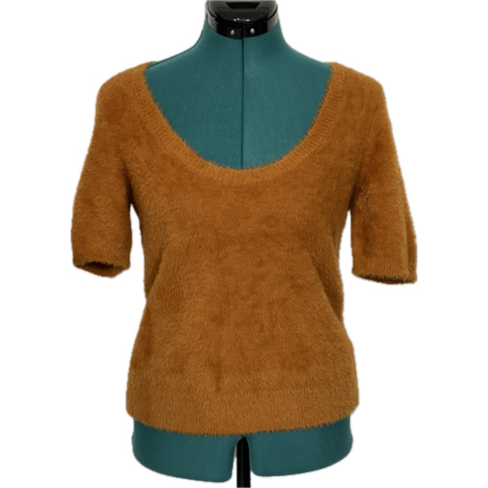 Maeve Anthropologie Fuzzy Eyelash Knit Sweater Small Rust Orange Short Sleeve